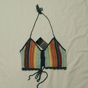 Forever 21 teal yellow orange crochet halter top